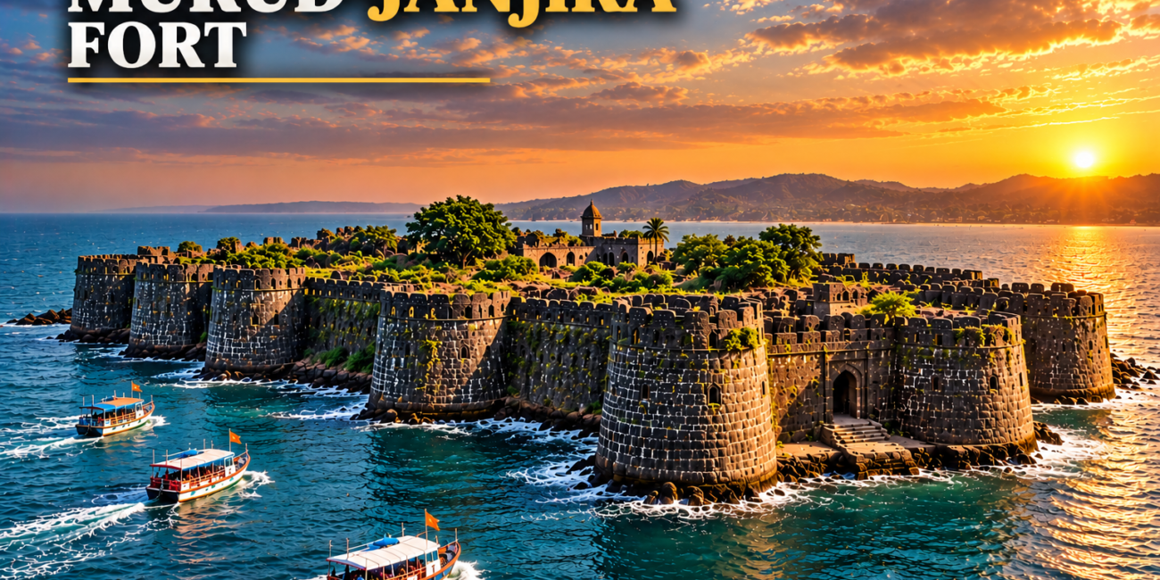 Murud-Janjira Fort, the historic Siddi island fortress surrounded by the Arabian Sea off Maharashtra’s Konkan coast, illuminated by a golden sunset.