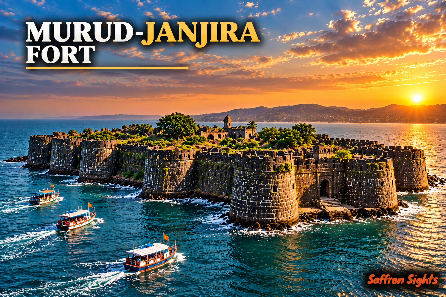 Murud-Janjira Fort, the historic Siddi island fortress surrounded by the Arabian Sea off Maharashtra’s Konkan coast, illuminated by a golden sunset.