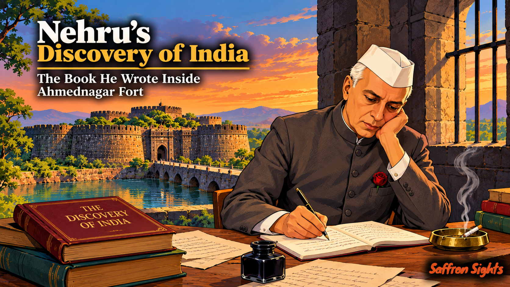 Jawaharlal Nehru writing The Discovery of India during his imprisonment at Ahmednagar Fort in Maharashtra in 1944.