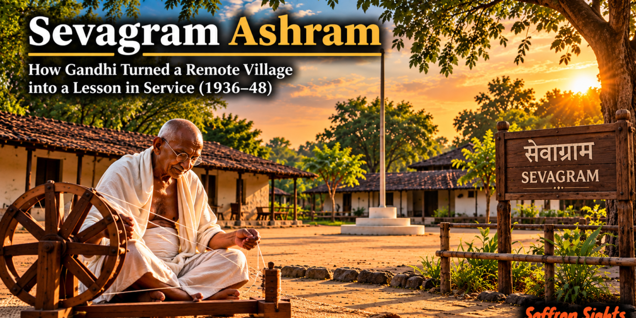 Mahatma Gandhi at Sevagram Ashram near Wardha, Maharashtra, surrounded by simple huts and a traditional spinning wheel.