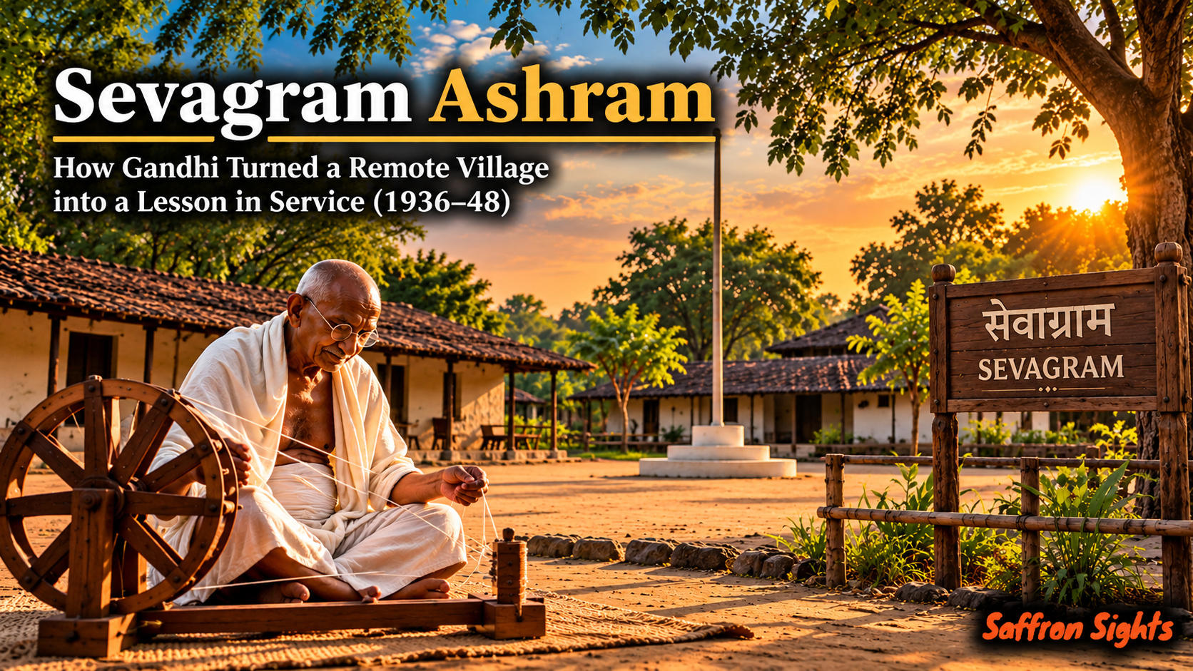 Mahatma Gandhi at Sevagram Ashram near Wardha, Maharashtra, surrounded by simple huts and a traditional spinning wheel.